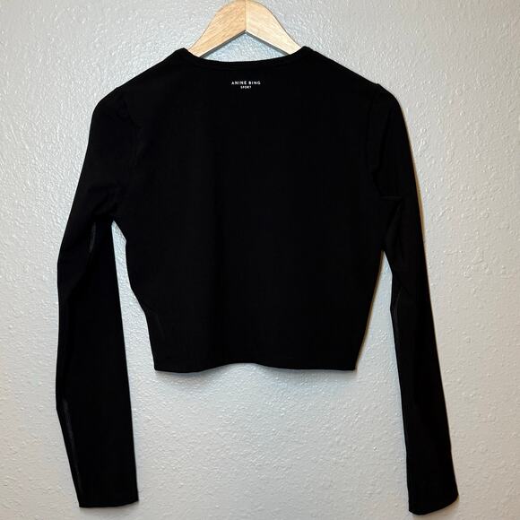 Anine Bing Sport Roxie Top Long Sleeve Active Cropped Logo Black Women’s Large - Picture 3 of 8